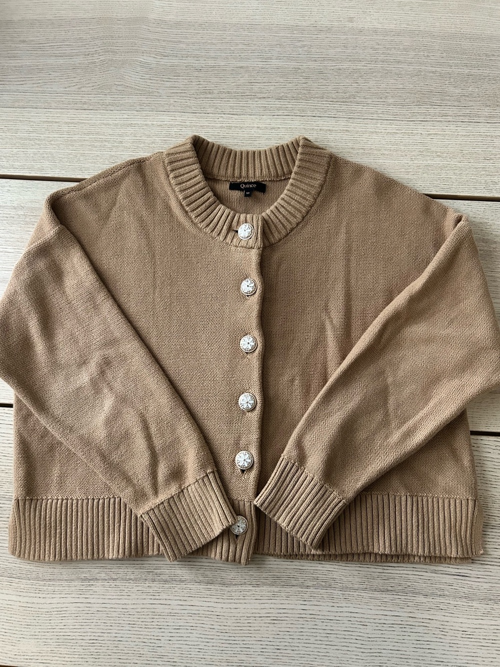 Quince Organic Cotton Cardigan Sweater Floral Button Neutral Brown Size M